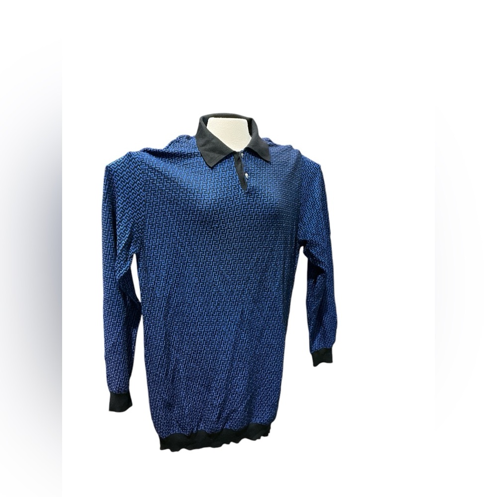 Versace Classic V2 Vintage Blue Black Wool Button Up Sweater